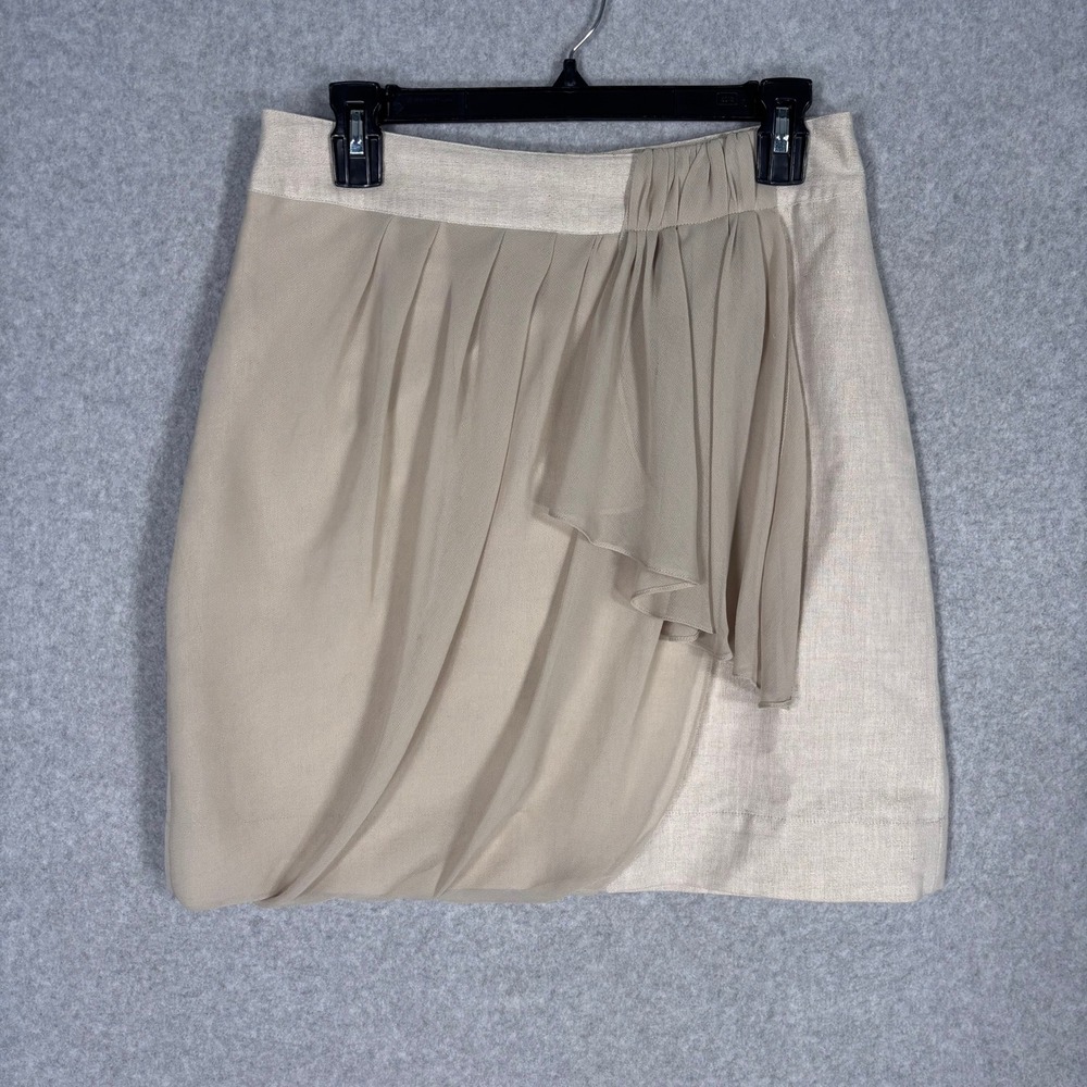 Anthropologie Yoana Baraschi Asymmetric Skirt 6 Tan Linen Wrap Drape Shimmer